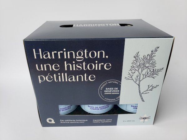 6 pack - eau de source pétillante baie de genévrier, harrington pétillants botaniques , harrington | maturin.ca, maturin, épicerie en ligne, commande en ligne, livraison à domicile, alimentation, producteur, quebec, canada