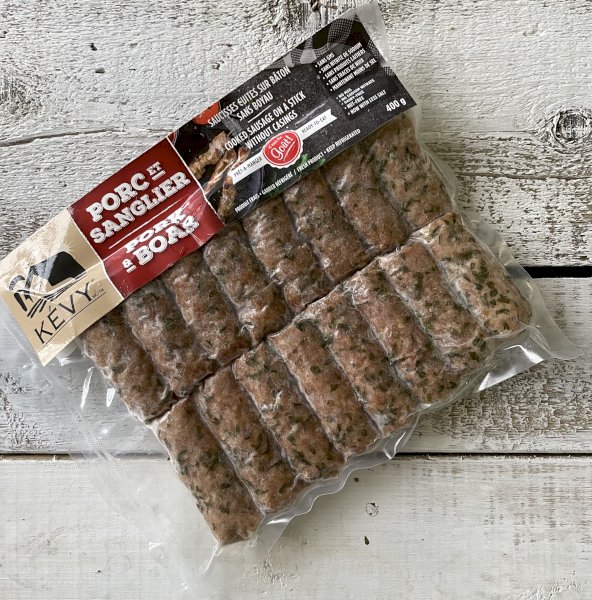 saucisse porc et sanglier sans boyau conservé, , kévy inc. | maturin.ca, maturin, épicerie en ligne, commande en ligne, livraison à domicile, alimentation, producteur, quebec, canada